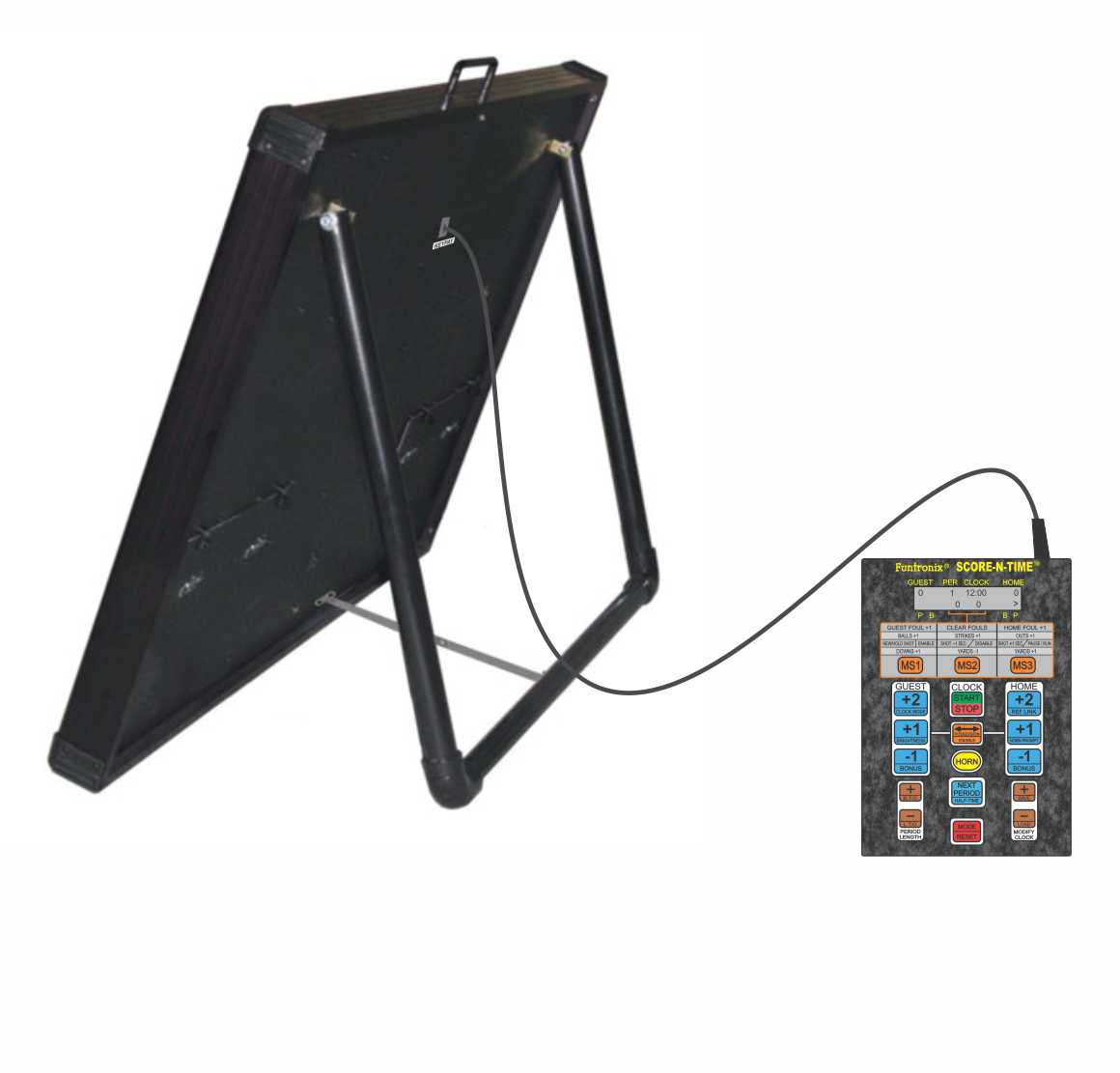 Multisport Portable Scoreboard with side view with fold out leg