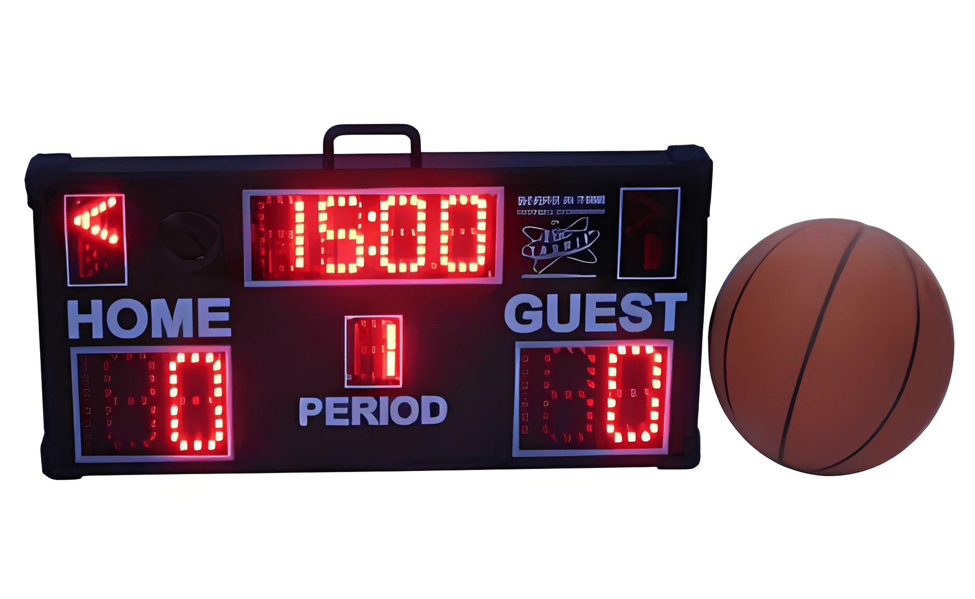 Electronic scoreboard showing time and period