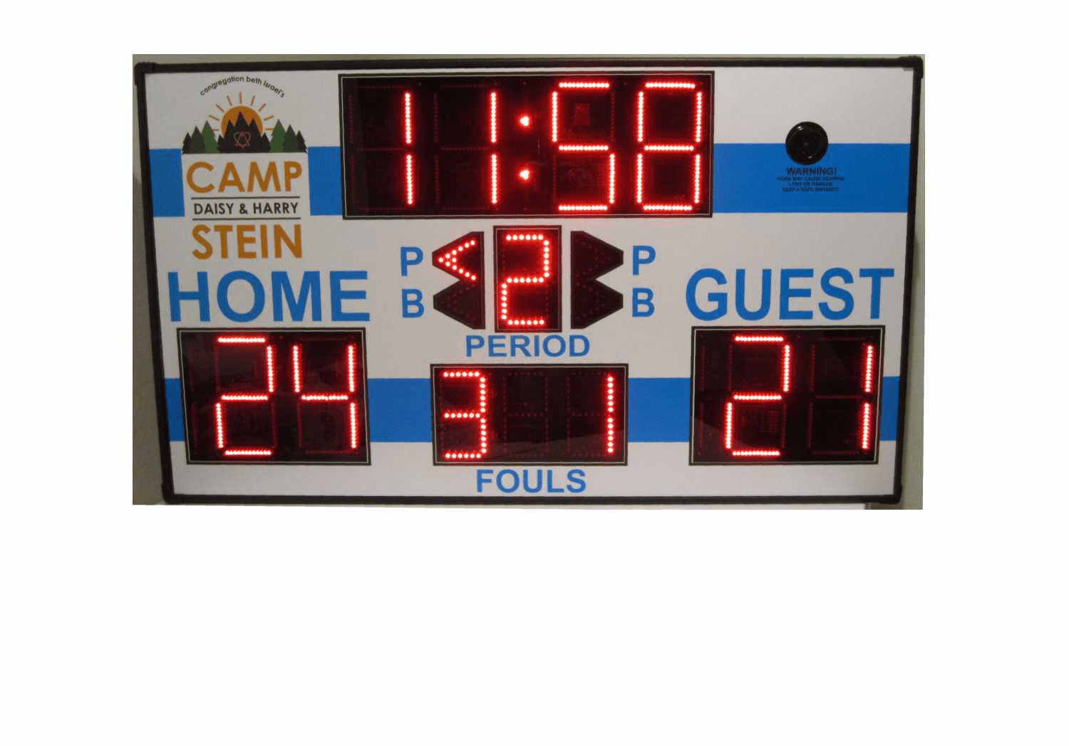 Camp-themed scoreboard displaying period and fouls