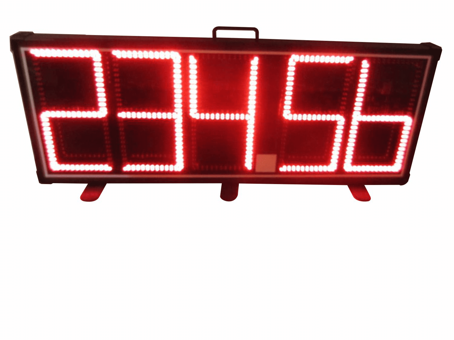 Digital scoreboard with red numbers