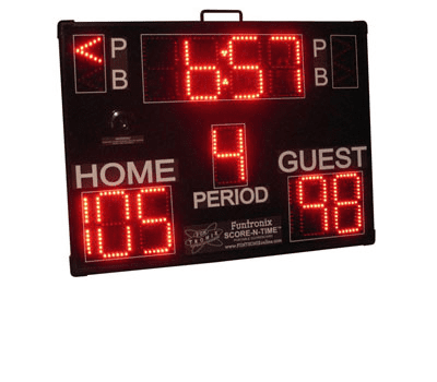 Digital scoreboard showing basketball scores