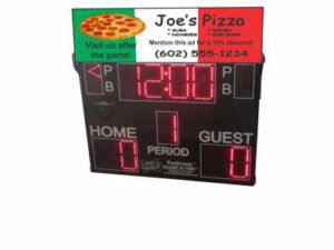 Scoreboard with Joe's Pizza advertisement